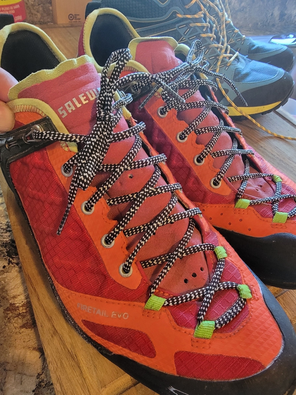 These are Size 11 Salewa Firetail Evo approach shoes in a red and orange